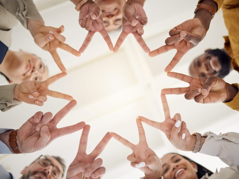 Peace, hands and business people in office for teamwork, collaboration and support low angle. V, st.